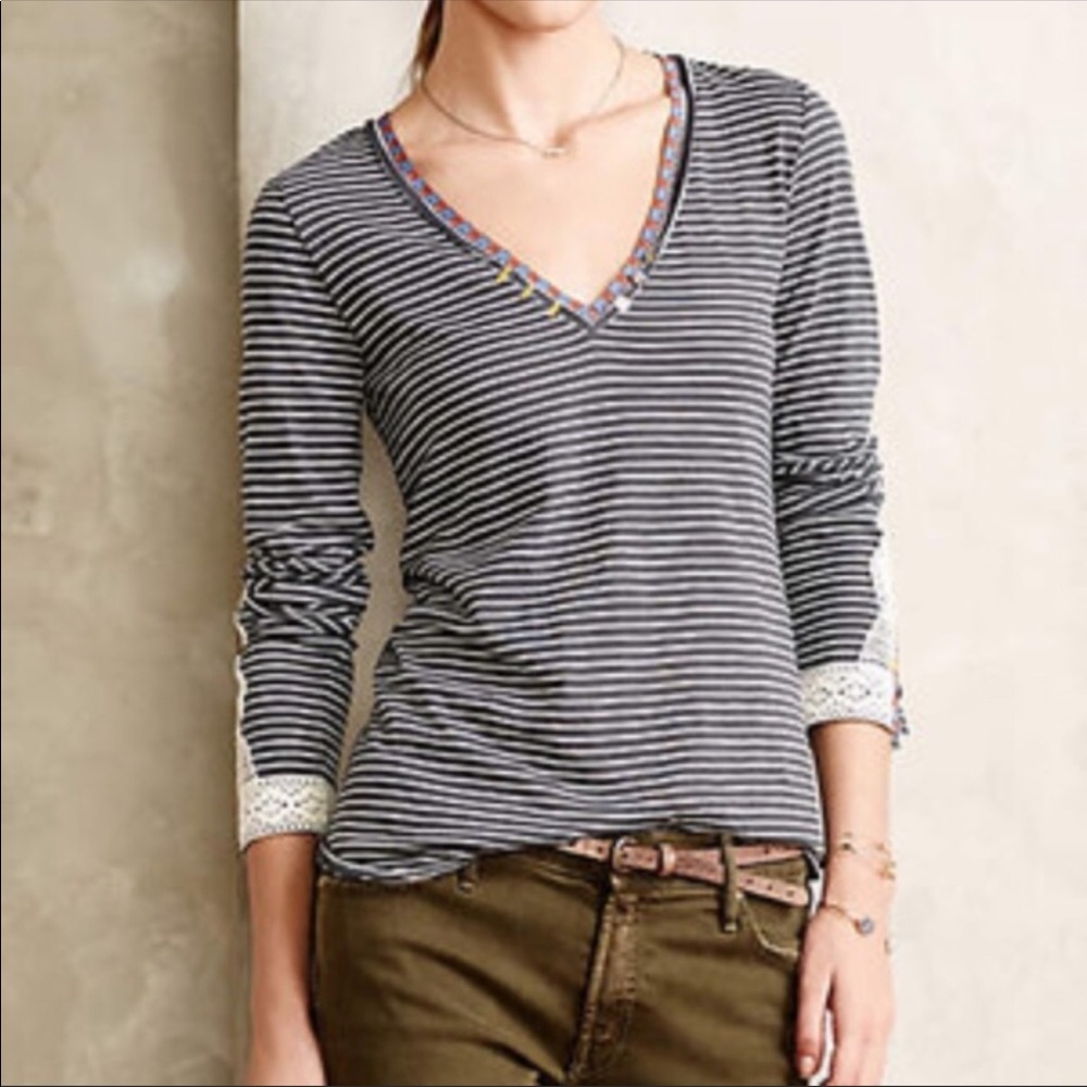 Anthropologie striped crochet cuff Henley top